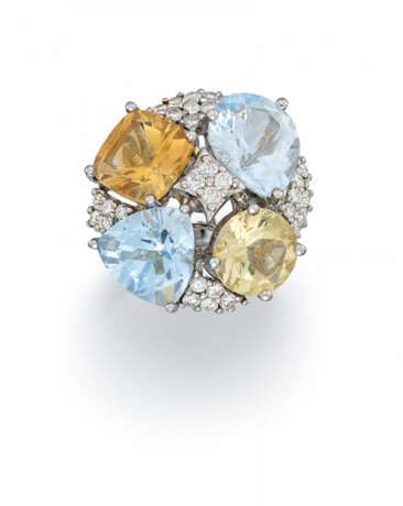 Aquamarine-Citrine-Diamond-Cocktail Ring - фото 1