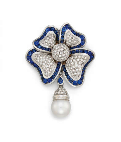 Sapphire-Diamond-Pearl-Pendant/Brooch "Blossom" - photo 1