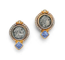 Antique Coin-Sapphire-Diamond-Ear-Clip-Ons