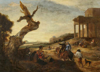Jan Baptist Weenix. Idyllic Southern Landscape with Travelling Country Folk in front of Roman Temple Ruins
