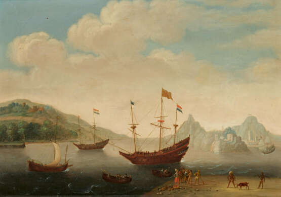 Dutch School. Dutch Merchant Ships at a Haven Overseas - Foto 1