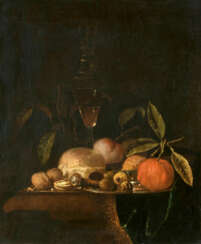 Juriaen van Streek. Still Life with a Glassy Lid Cup as well as an Orange, Walnuts and Bread on a Silver Bowl
