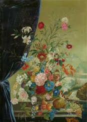Josef Lauer. Opulent Flower Still Life with Birds