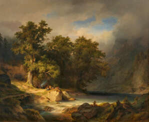 Julius Lange. Evening Mood at the Mountain Stream with Campfire and Mighty Oak Trees