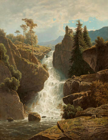 Adolf Chwala. Mountain Landscape with Ruins Above a Waterfall - photo 1