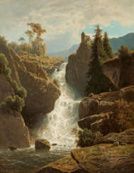 Adolf Chwala. Mountain Landscape with Ruins Above a Waterfall