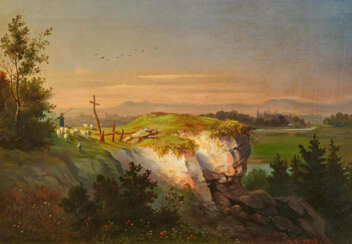 Monogrammist F.K.. Shepherd with his Herd in Evening Light