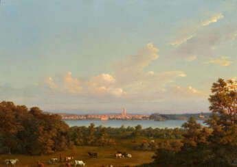 Wilhelm Riefstahl. View from the 'Kuhbrücke' Bridge near Neustrelitz across Lake Zierker to the Town and Town Church