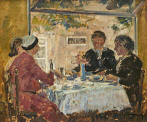 Max Clarenbach. Family beneath a Pergola at a Coffee Table
