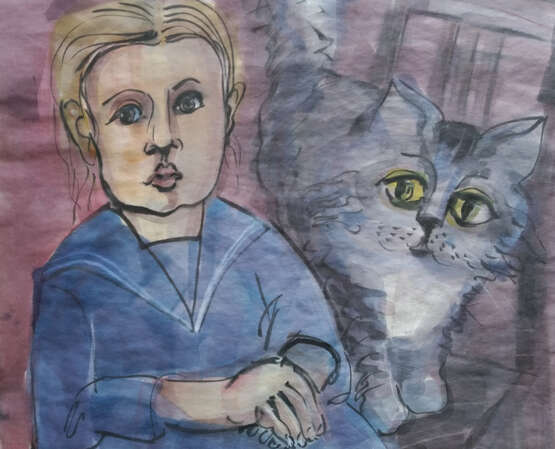 “The girl and the cat” Paper Alla prima Expressionist 2016 - photo 1