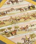 Product catalog. Hermès silk carré ‘Sportsmen’ in gold/beige, desig…