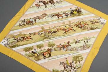 Hermès silk carré ‘Sportsmen’ in gold/beige, desig…