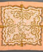 Product catalog. Hermès silk carré ‘Fripon’, in apricot/gold, desig…