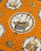 Product catalog. Hermès silk carré ‘Nefs d'Or’ in orange/beige/gold…