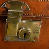 Large brown vintage leather suitcase with embossed… - фото 2