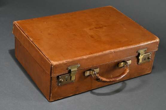 Small brown vintage leather suitcase with embossed… - photo 1 Small brown vintage leather suitcase with embossed… - photo 1