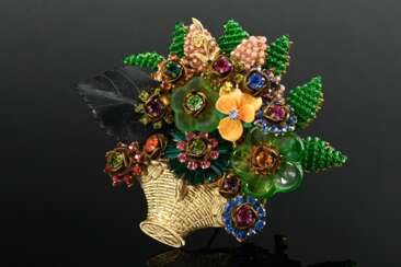 Vintage Modeschmuck Nadel „Blumen Korb“, Metallgus…