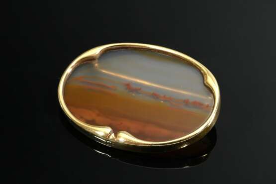 Oval 585 yellow gold pin with landscape agate plat… - фото 1 Oval 585 yellow gold pin with landscape agate plat… - фото 1