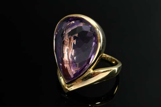 Large modern 750 yellow gold ring with faceted tea… - photo 2