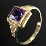 Fine yellow gold 585 ring with square amethyst, ci… - photo 1