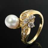 585 yellow gold ring with cultured pearl and diamo… - фото 1