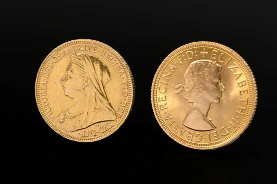 2 Gelbgold 916 Sovereign Münzen: Pfund, Königin El… - Foto 1