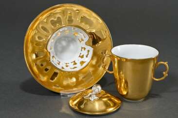 Gilded Meissen Trembleuse cup/saucer with lid, bas…
