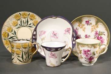 3 Various mocha cups/saucers in different shapes a…