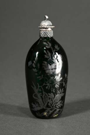 Dark green glass flask with turned silver lid and … - photo 1