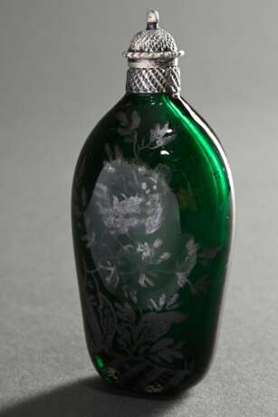 Dark green glass flask with turned silver lid and … - photo 2