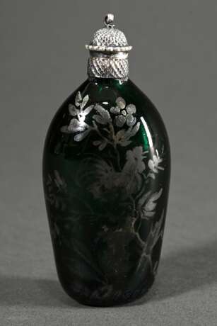 Dark green glass flask with turned silver lid and … - photo 3