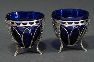 Pair of openwork Empire salt cellars with blue gla…