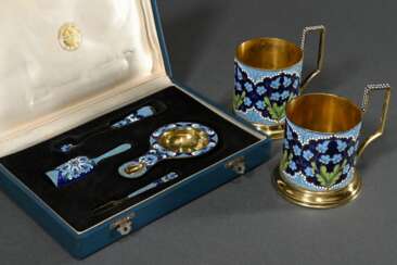 6 Various pieces of Russian tea set with coloured …