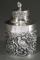 Cylindrical tea caddy with stamped relief ‘Birds a…