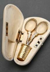 Ivory sewing kit with engraved monogram ‘PM’ in tr…