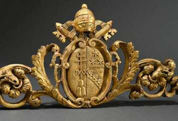 Carved wooden supraporte with papal coat of arms o…
