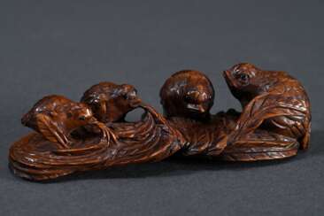 Boxwood netsuke ‘Four quails on millet branches’ w…