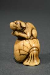 Mingei Hirschhorn Netsuke "Welpe auf Hotei's Sack"…