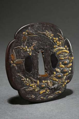 Iron tsuba in mokko form with shibuichi and gold i… - photo 1 Iron tsuba in mokko form with shibuichi and gold i… - photo 1
