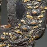 Iron tsuba in mokko form with shibuichi and gold i… - photo 2