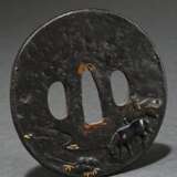 Round oval iron tsuba with shibuichi, gold and cop… - photo 1