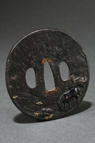 Round oval iron tsuba with shibuichi, gold and cop… - photo 1