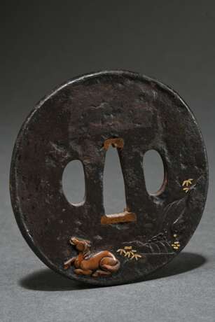 Round oval iron tsuba with shibuichi, gold and cop… - photo 2