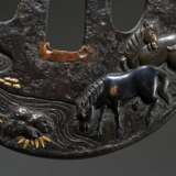 Round oval iron tsuba with shibuichi, gold and cop… - photo 3