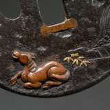 Round oval iron tsuba with shibuichi, gold and cop… - photo 4