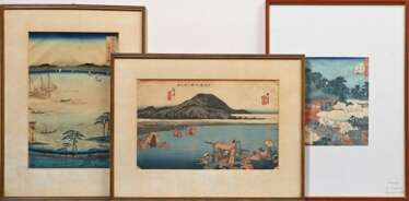 3 Various Japanese colour woodblock prints: 2 Utag…