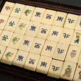 Mahjong game in wooden box with bronze ‘cash coin’… - photo 2