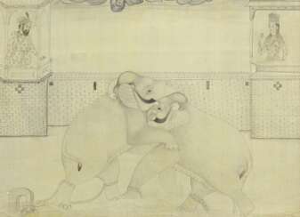 Grisaille Miniaturmalerei im Mogul Stil "Elefanten…