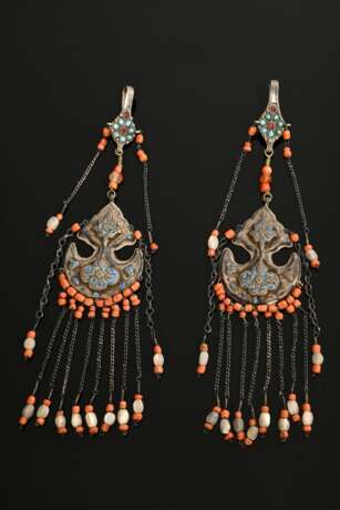 Pair of Uzbek temple pendants with turquoise and r… - photo 1 Pair of Uzbek temple pendants with turquoise and r… - photo 1