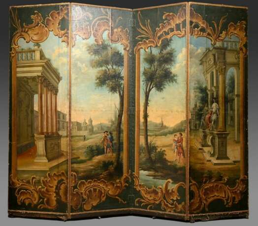 Large 4-part screen ‘Ideal landscape with palace a… - photo 1 Large 4-part screen ‘Ideal landscape with palace a… - photo 1